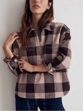 Madewell | Pink and Brown Plaid Half-Zip Shacket Silver Hardware